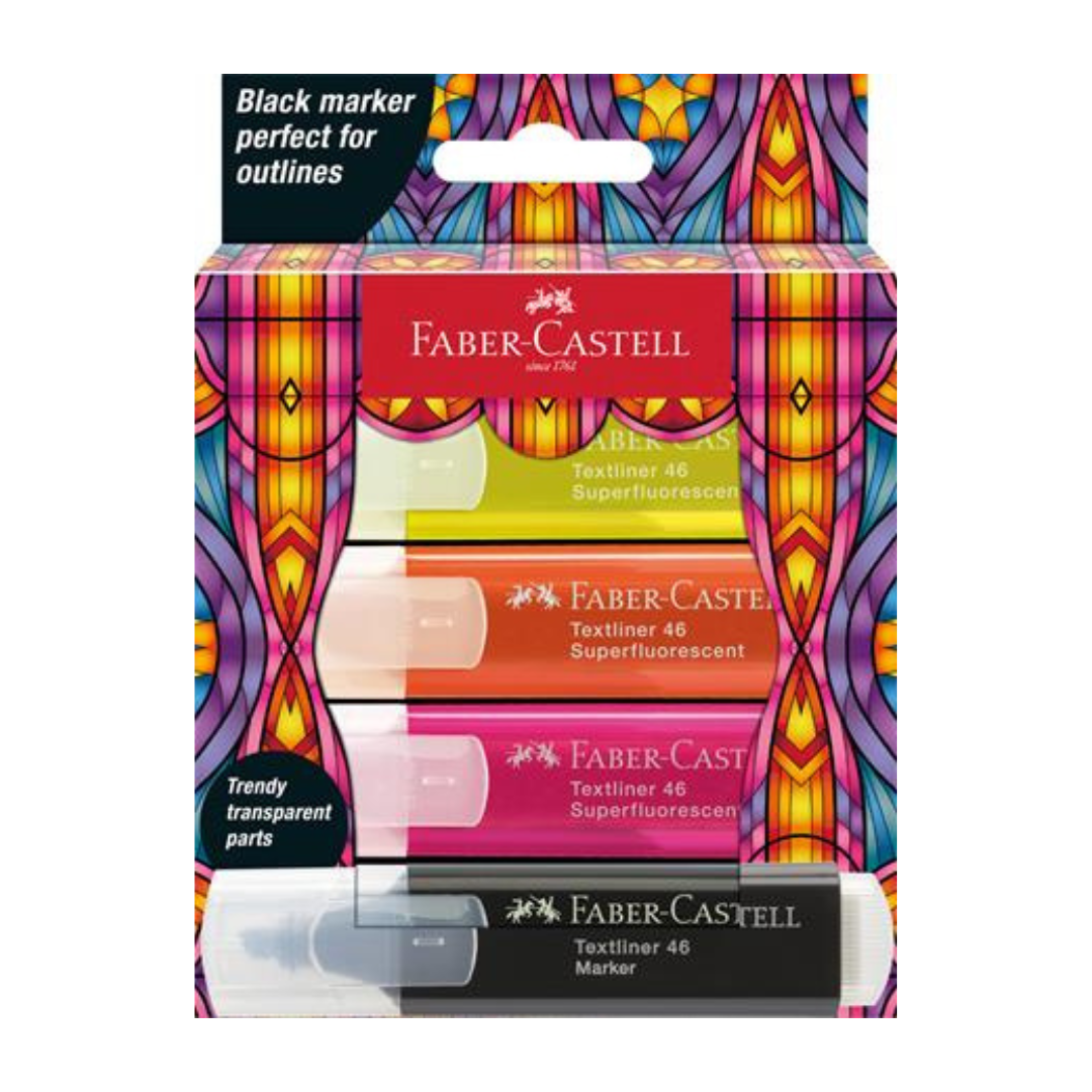 FABER-CASTELL Glassy Szövegkiemelő Készlet – 3 Neon Szín + Fekete