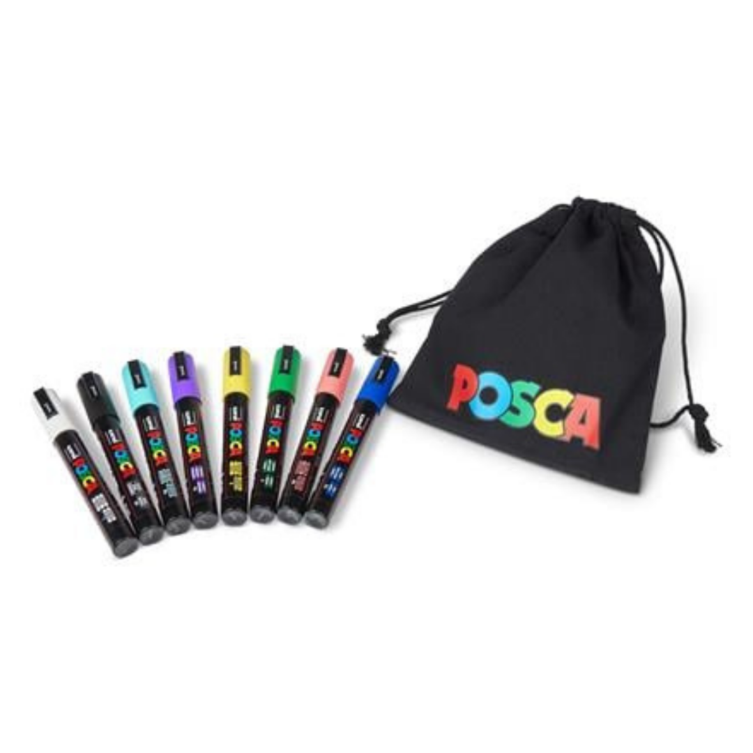 UNI Posca Pouch PC-5M Dekormarker készlet – 1,8-2,5 mm, 8 különböző szín, tartóval