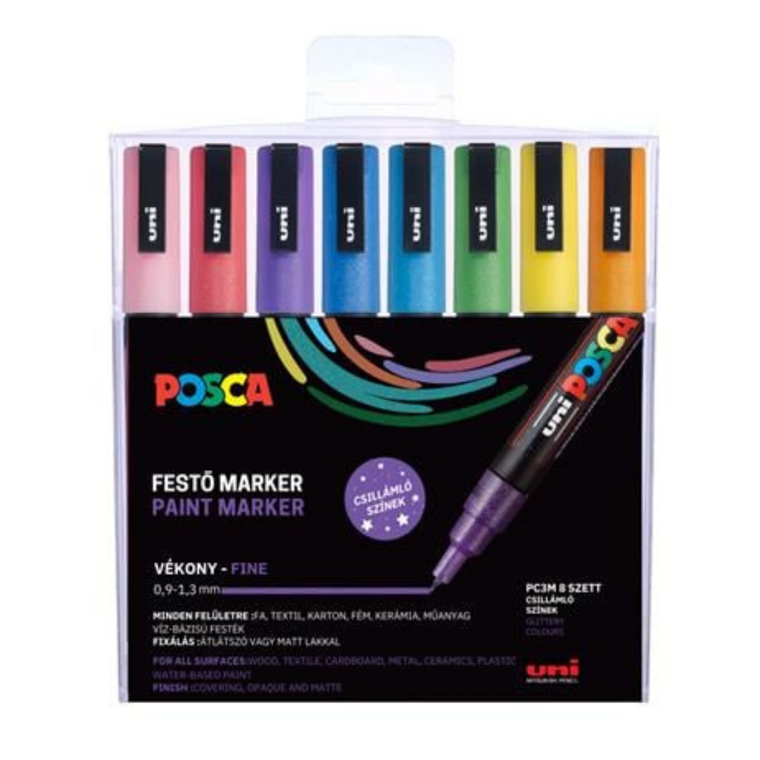 UNI Posca PC-3ML Dekormarker készlet – 0,9-1,3 mm, 8 különböző csillogó szín