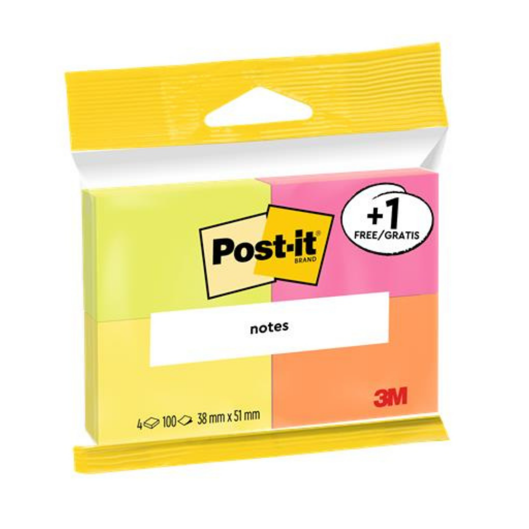 3M POSTIT Öntapadó jegyzettömb – 38x51 mm, 4x100 lap, Neon