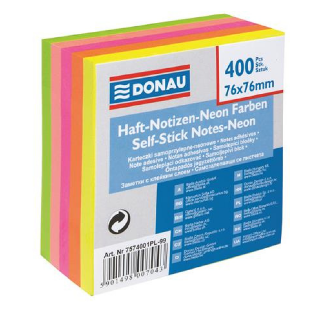 DONAU Öntapadó jegyzettömb – 76x76mm, 400lap, vegyes neon színek